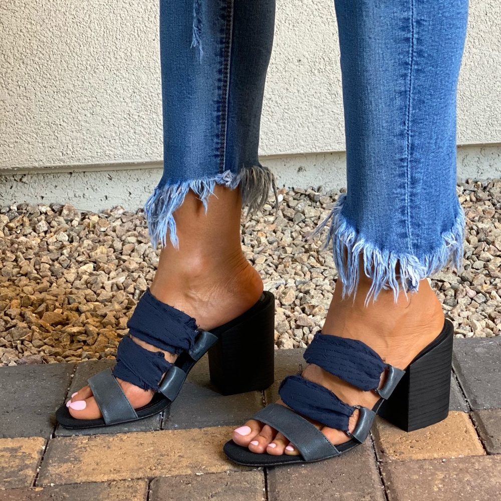 Leather/Fabric Frayed Block Heel Open Toe Mules - Picture 3 of 10